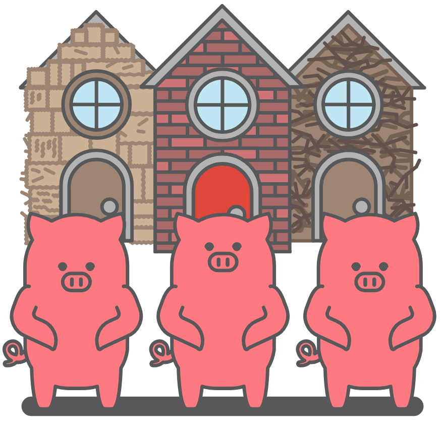 A Porkbun branding picture of three cartoon pigs in front of three houses