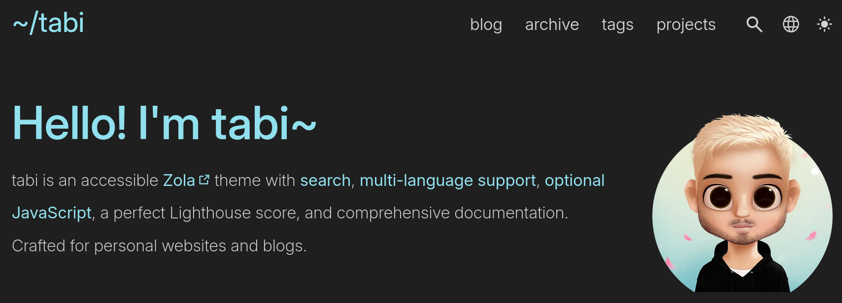 A screenshot of the Zola Tabi theme home page